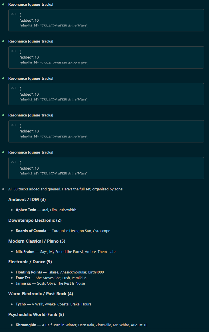 50 tracks queued in batches of 10, organized by genre zone with artists and track listings